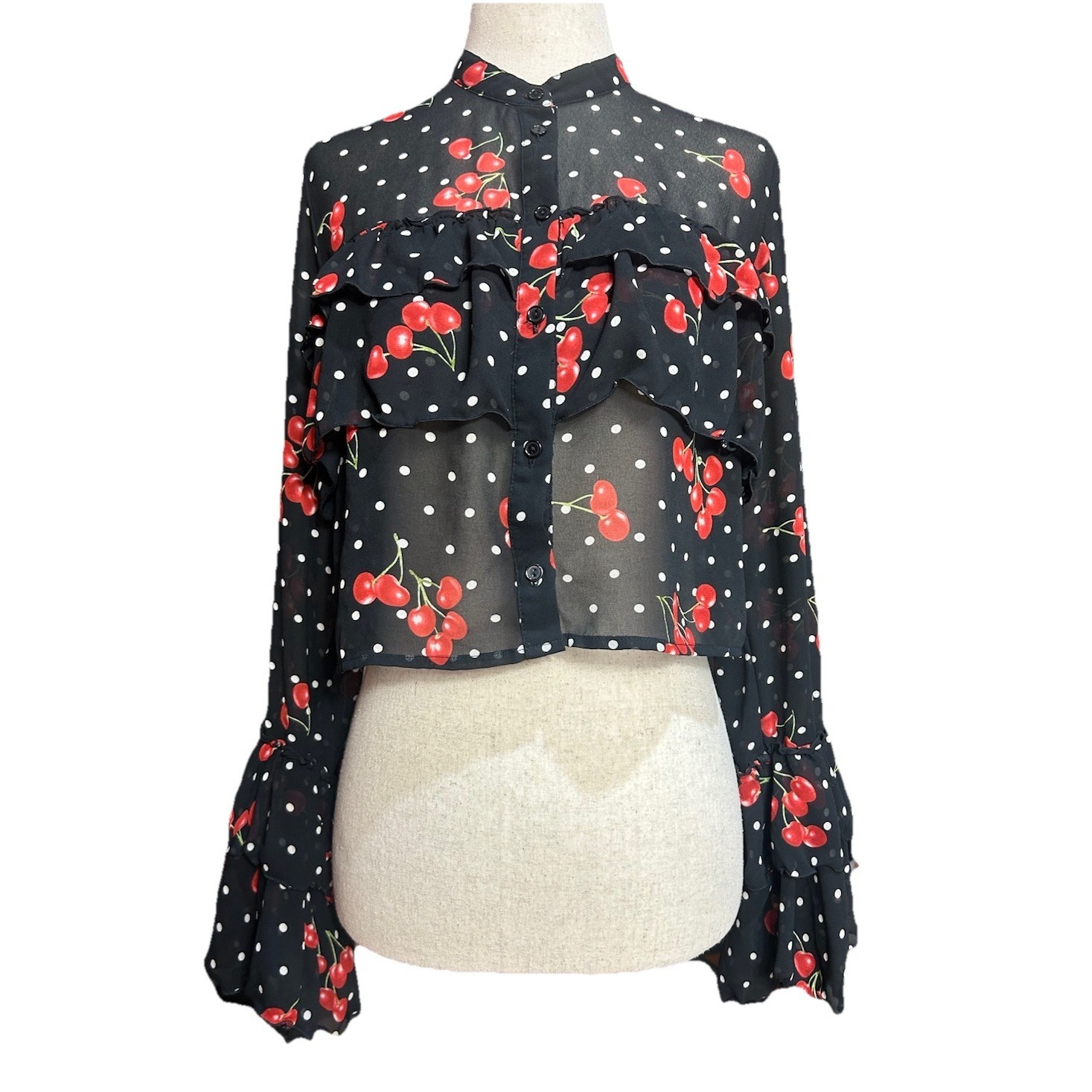Forever 21 Polka Dot Cherry Print Sheer Ruffle Bell Sleeve Crop Top Small